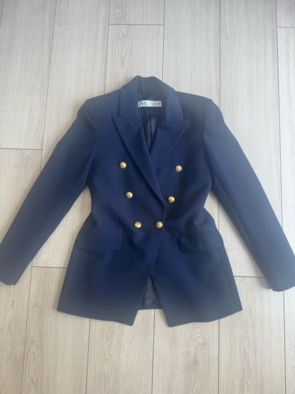 Zara Navy Double-Breasted Blazer with Gold Buttons